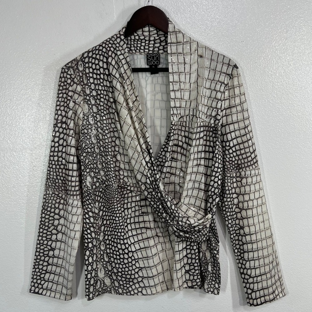 Clara Sunwoo Crossover Faux Wrap Top Blouse XL Animal Print Crocodile Shimmer